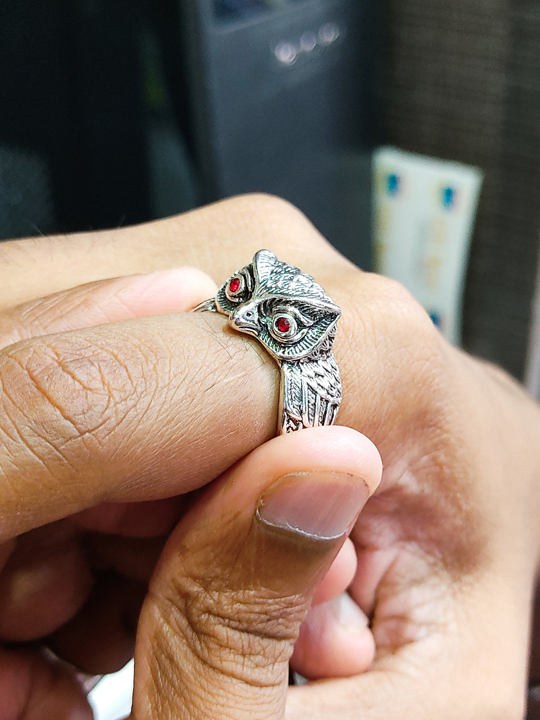 Saizen Silver Rings for Men Owl Face Ring